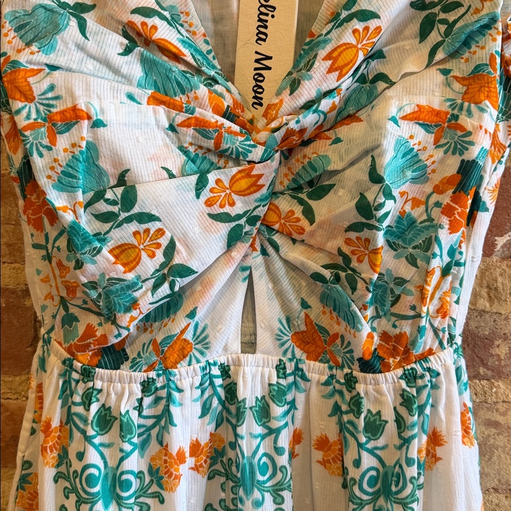 New with tags! CELINA MOON Floral Maxi Dress in White, Orange and turquoise - Picture 5 of 9